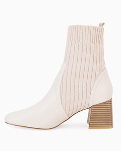 Nude Leather Knit Chunky Heel Ankle Boots