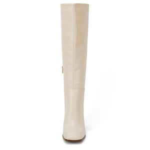 Nude Faux Leather Fashionable Chunky Block Knee High Boots
