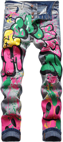 Men's Denim Pink/Green Graffitti Ripped Distressed Jeans