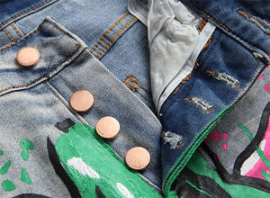 Men's Denim Pink/Green Graffitti Ripped Distressed Jeans