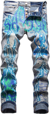 Men's Denim Dyed Blue Graffitti Ripped Distressed Jeans