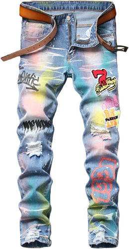 Men's Denim Dyed 7 Graffitti Ripped Distressed Jeans