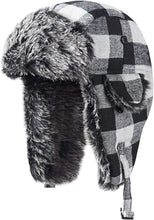 Load image into Gallery viewer, White/Black Faux Fur Lined Winter Trapper Hat