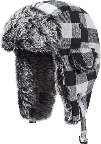 White/Black Faux Fur Lined Winter Trapper Hat