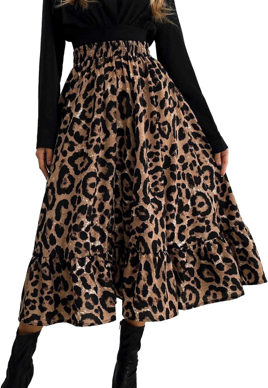 Leopard Brown High Waist Ruffled Hem Midi Skirt