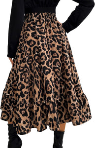 Leopard Brown High Waist Ruffled Hem Midi Skirt