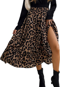 Leopard Brown High Waist Ruffled Hem Midi Skirt