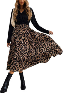 Leopard Brown High Waist Ruffled Hem Midi Skirt