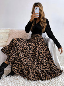 Leopard Brown High Waist Ruffled Hem Midi Skirt