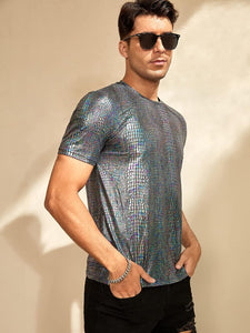 Men's Silver Crocodile Print Short Sleeve Shirt