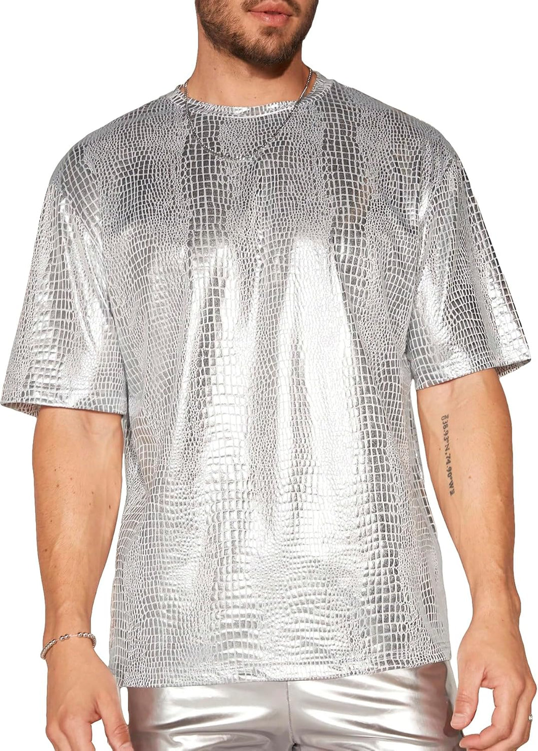 Men's Silver Metallic Faux Leather Short Sleeve Shirt