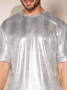 Men's Silver Metallic Faux Leather Short Sleeve Shirt