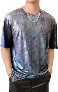 Men's Silver Metallic Faux Leather Short Sleeve Shirt