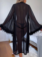 Load image into Gallery viewer, White Dotted Night Time Mesh Long Sleeve Feather Belted Robe