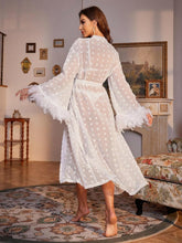 Load image into Gallery viewer, White Dotted Night Time Mesh Long Sleeve Feather Belted Robe