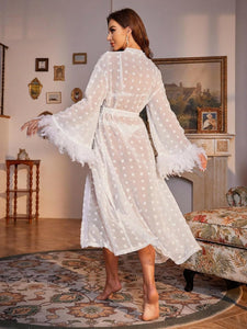 Black Mesh Night Time Long Sleeve Feather Belted Robe