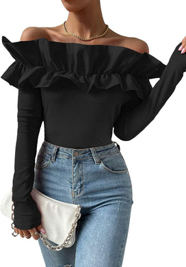 Couture Black Ruffled Off Shoulder Long Sleeve Top