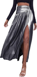 Beautiful Silver Metallic High Waist Maxi Skirt