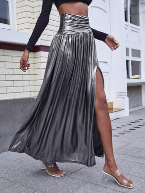 Metallic Silver Banded High Waist Split Maxi Skirt