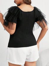 Load image into Gallery viewer, Plus Size Brown Tulle Mesh Ruffle Sleeve Top