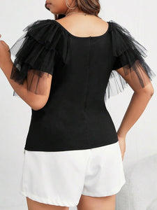 Plus Size Brown Tulle Mesh Ruffle Sleeve Top