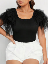 Load image into Gallery viewer, Plus Size Brown Tulle Mesh Ruffle Sleeve Top