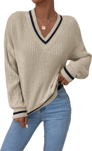 Black V-Neck Striped Long Sleeve Cable Knit Sweater