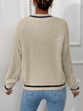 Load image into Gallery viewer, Black V-Neck Striped Long Sleeve Cable Knit Sweater