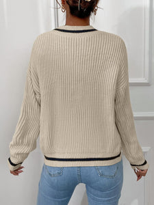 Black V-Neck Striped Long Sleeve Cable Knit Sweater