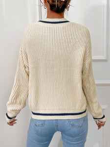 Black V-Neck Striped Long Sleeve Cable Knit Sweater