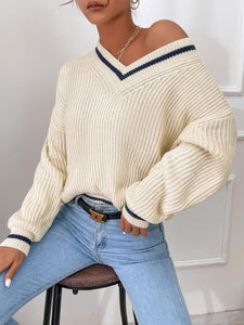 White V-Neck Striped Long Sleeve Cable Knit Sweater