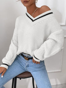 Black V-Neck Striped Long Sleeve Cable Knit Sweater