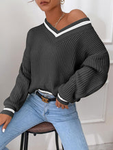 Load image into Gallery viewer, Black V-Neck Striped Long Sleeve Cable Knit Sweater