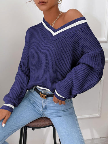 Royal Blue V-Neck Striped Long Sleeve Cable Knit Sweater