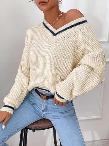 Beige V-Neck Striped Long Sleeve Cable Knit Sweater