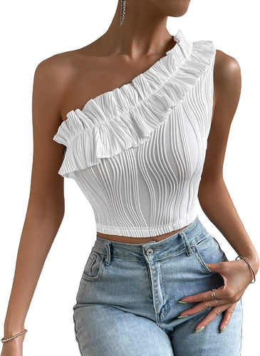 White Ruffle Trim One Shoulder Top