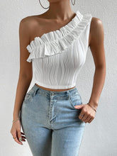 Load image into Gallery viewer, White Ruffle Trim One Shoulder Top