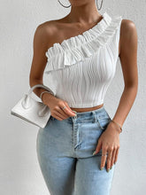 Load image into Gallery viewer, Summer Pink Ruffle Trim One Shoulder Top