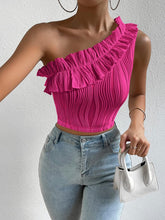 Load image into Gallery viewer, Summer Pink Ruffle Trim One Shoulder Top