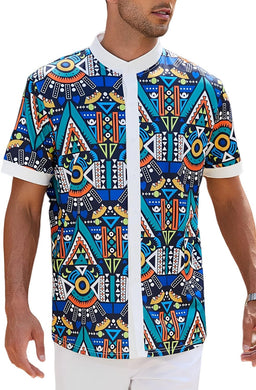 Men's African Blue Tribal Printed Short Sleeve Shirt