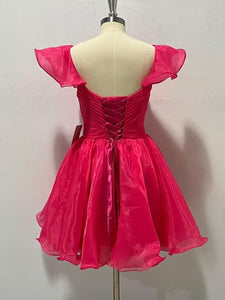 Beautiful Pink Organza Puff Sleeve Ruffled Party Dress