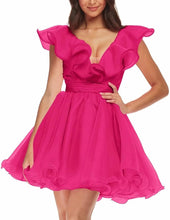 Load image into Gallery viewer, Beautiful Pink Organza Puff Sleeve Ruffled Party Dress