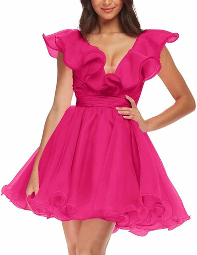 Beautiful Pink Organza Puff Sleeve Ruffled Party Dress