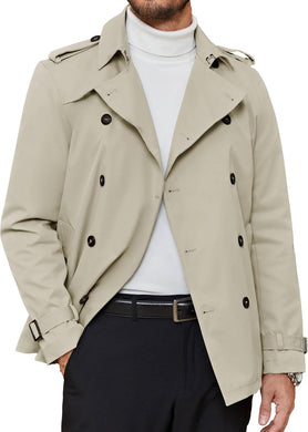 Men's Khaki Double Breasted Long Sleeve Belted Short Trench Coat
