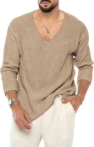 Men's Stylish Khaki V Neck Long Sleeve Sweater