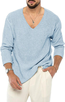 Men's Stylish Light Blue V Neck Long Sleeve Sweater