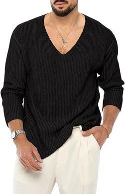 Men's Stylish Black V Neck Long Sleeve Sweater