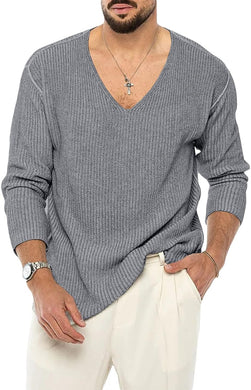 Men's Stylish Gray V Neck Long Sleeve Sweater