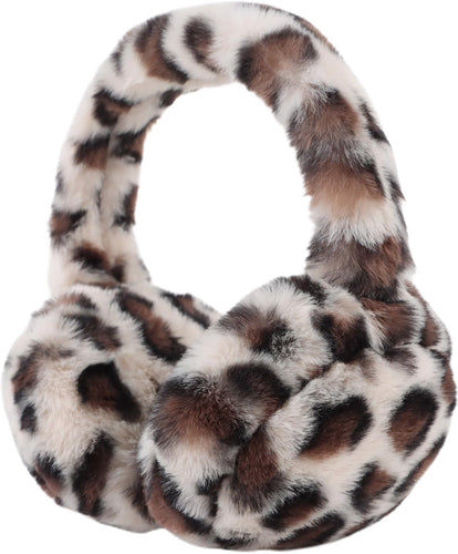 White Leopard Printed Foldable Faux Fur Winter Style Ear Muffs