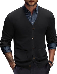 Men's Wine Knit V Neck Button Down Long Sleeve Cardigan Sweater